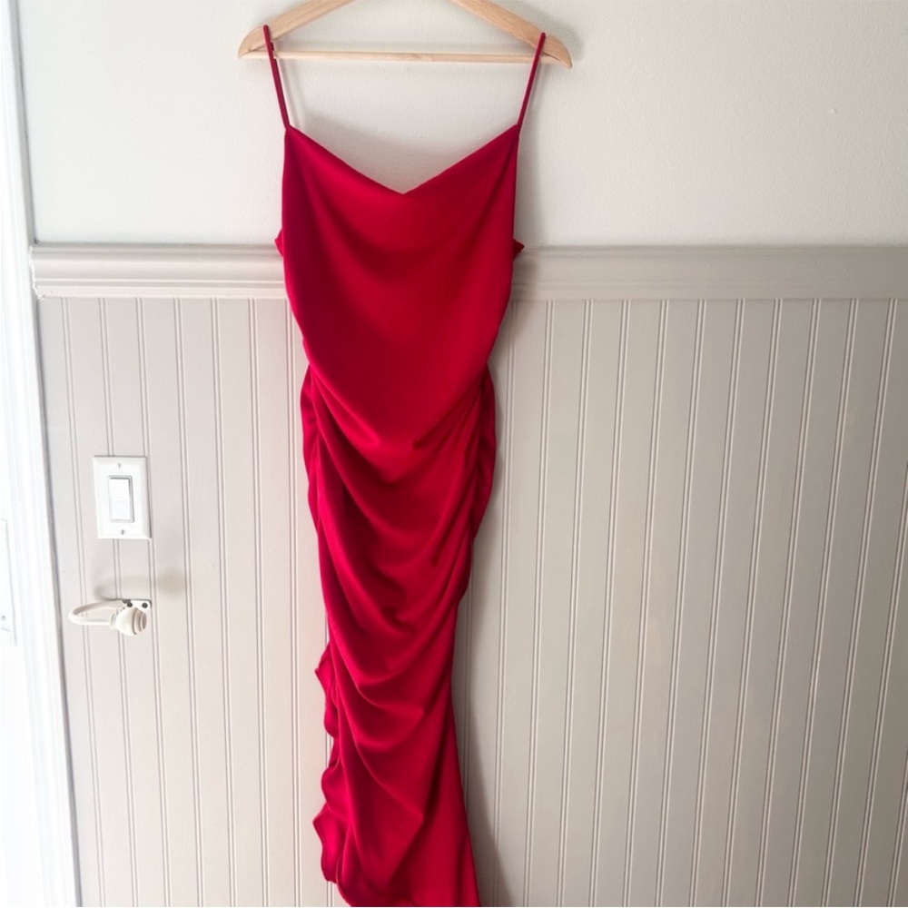 Haute Monde Large Bright Red Midi Dress Ruched Criss Cross Back